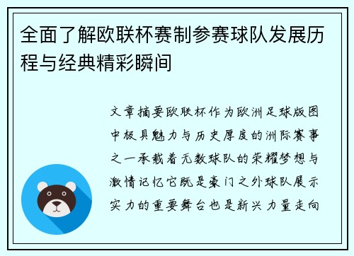 全面了解欧联杯赛制参赛球队发展历程与经典精彩瞬间