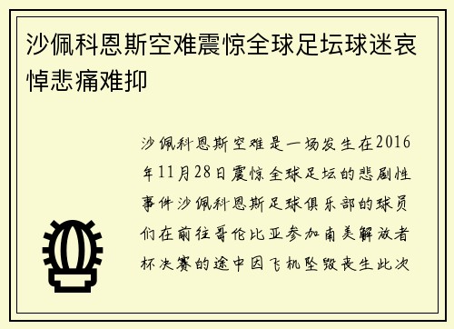 沙佩科恩斯空难震惊全球足坛球迷哀悼悲痛难抑