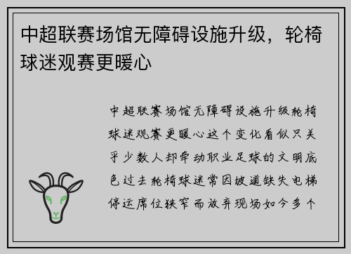 中超联赛场馆无障碍设施升级，轮椅球迷观赛更暖心